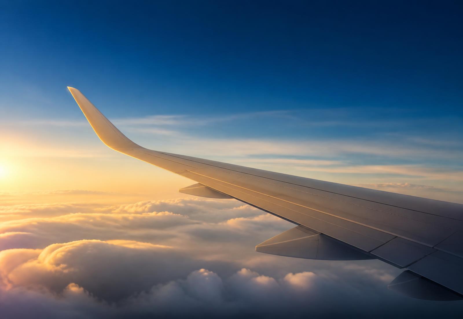 Commercial airplane wing above the clouds at sunset