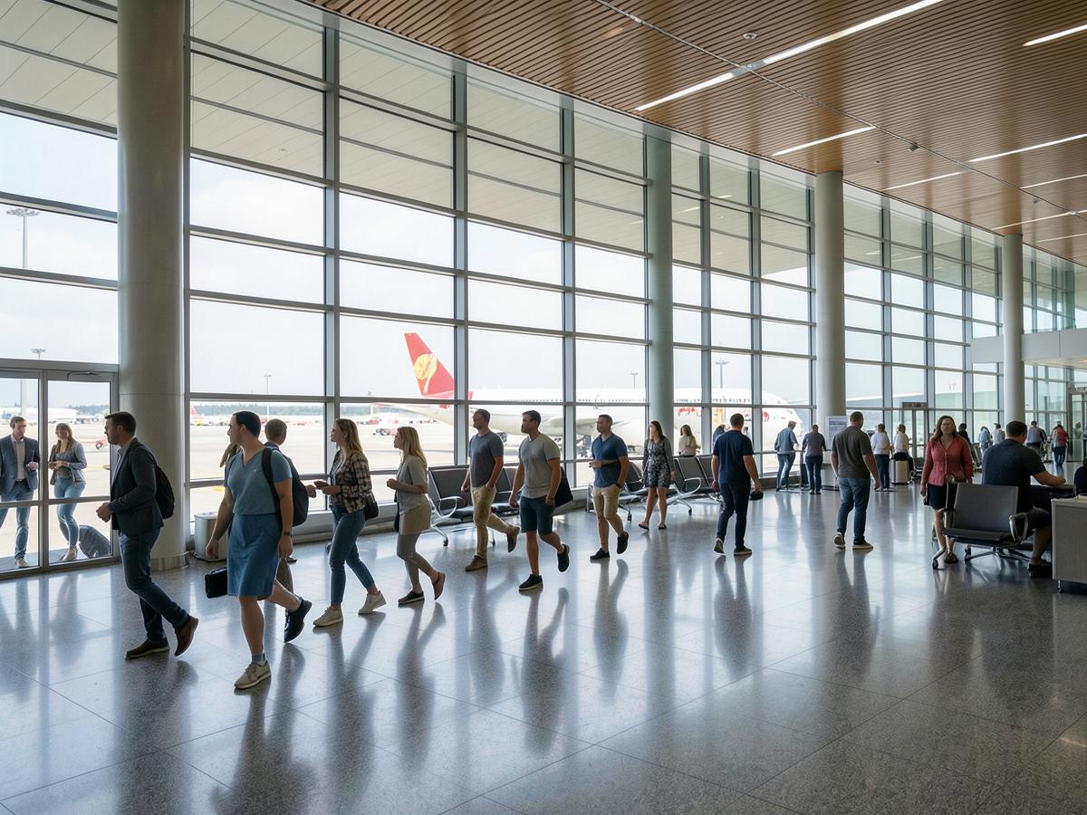 Travelers walking through a bright modern airport terminal